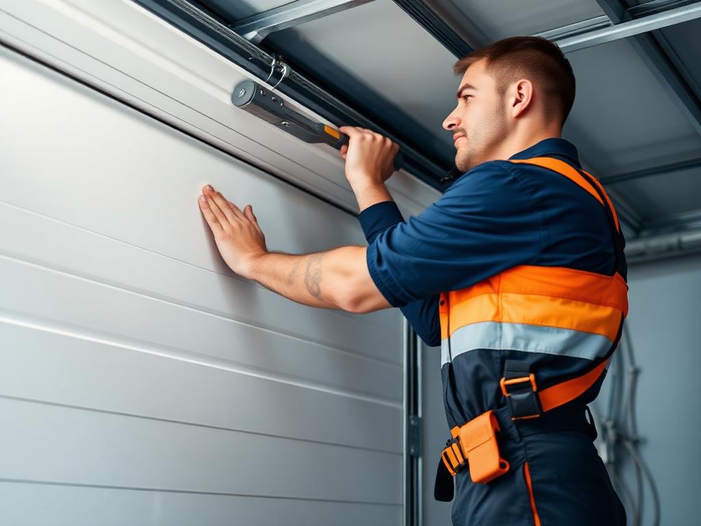 Garage door repair technician fixing a broken door
